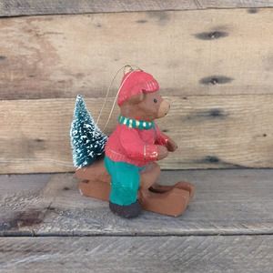 Vintage Paper Mache Teddy Bear on Sled with Christmas Tree Ornament